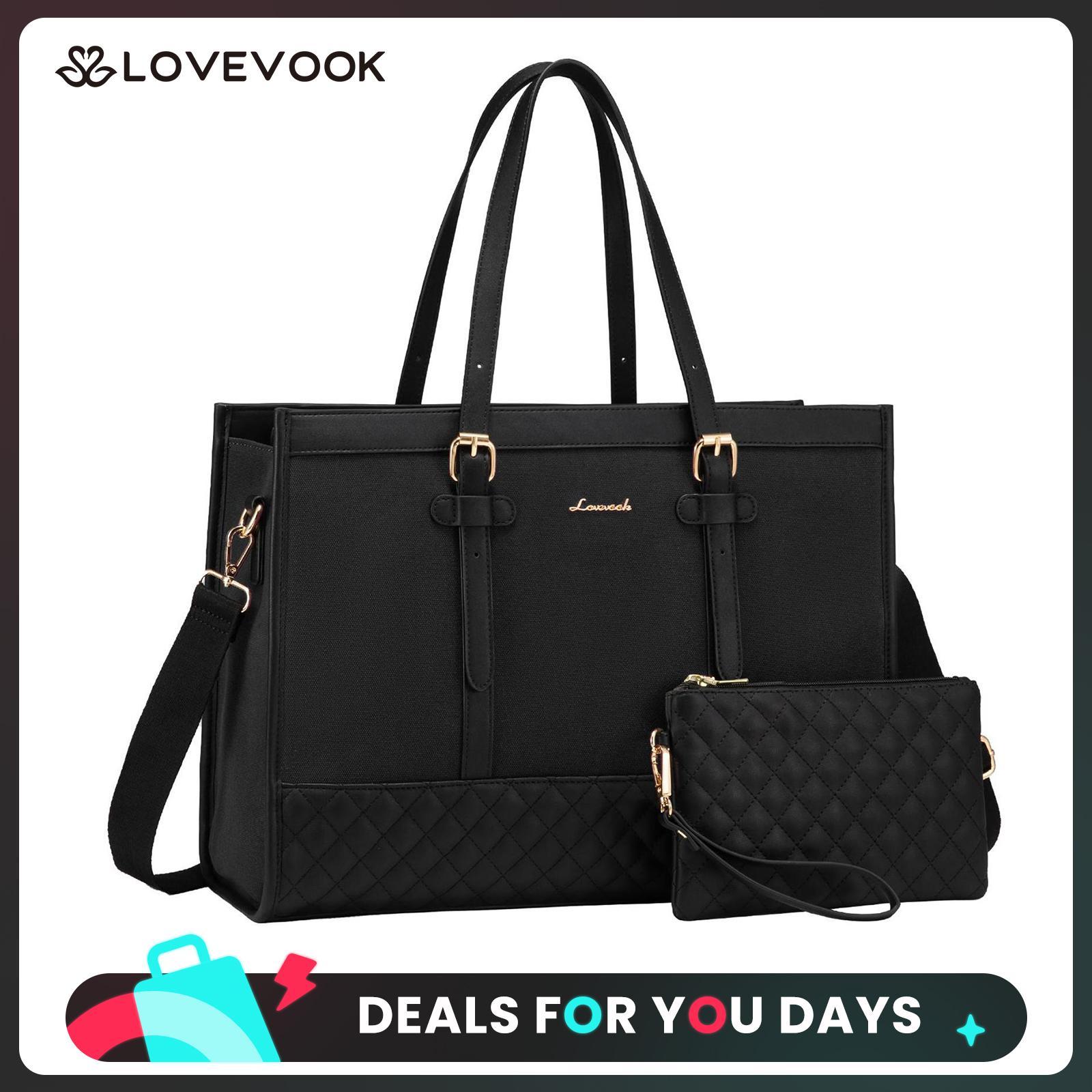 LOVEVOOK Laptop Tote Bag with Clutch Purse, Canvas Computer Bag Office Briefcase, Casual Handbag for Travel, Crossbody for College, Teacher, School DealsForYouDays