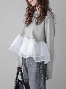 Fake Two-Piece Mesh Patchwork Loose T-Shirt Top, Casual All-Over Print, Ideal for Daily Wear, Perfect for Spring and Summer