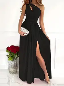Summer 2025 New Rose Red Sleeveless Slit Dress Solid Color Waist Slimming Long Elegant Formal Wear for Dinner Parties Graduation Balls