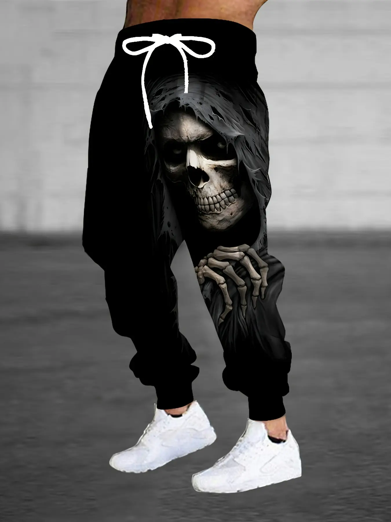 Dark Skull Reaper Print Cuffed Slim Fit Sweatpants, Gothic Sweatpants, Street-Style Cool Model, Skeleton Print, Athleisure Pants, Graphic Print Pants