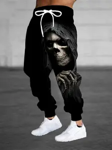 Men's 3D Halloween Skull Print Jogging Pants - Full-Length Skeleton Pattern Casual Pants with Drawstring Waist and Pockets, Machine Washable Regular Version Trendy Streetwear, Fashion Avant-Garde Style, Comfortable Fabrics, Trend Followers