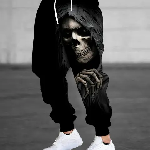 Dark Skull Reaper Print Cuffed Sweatpants, Street-Style Cool Model, Graphic Athleisure