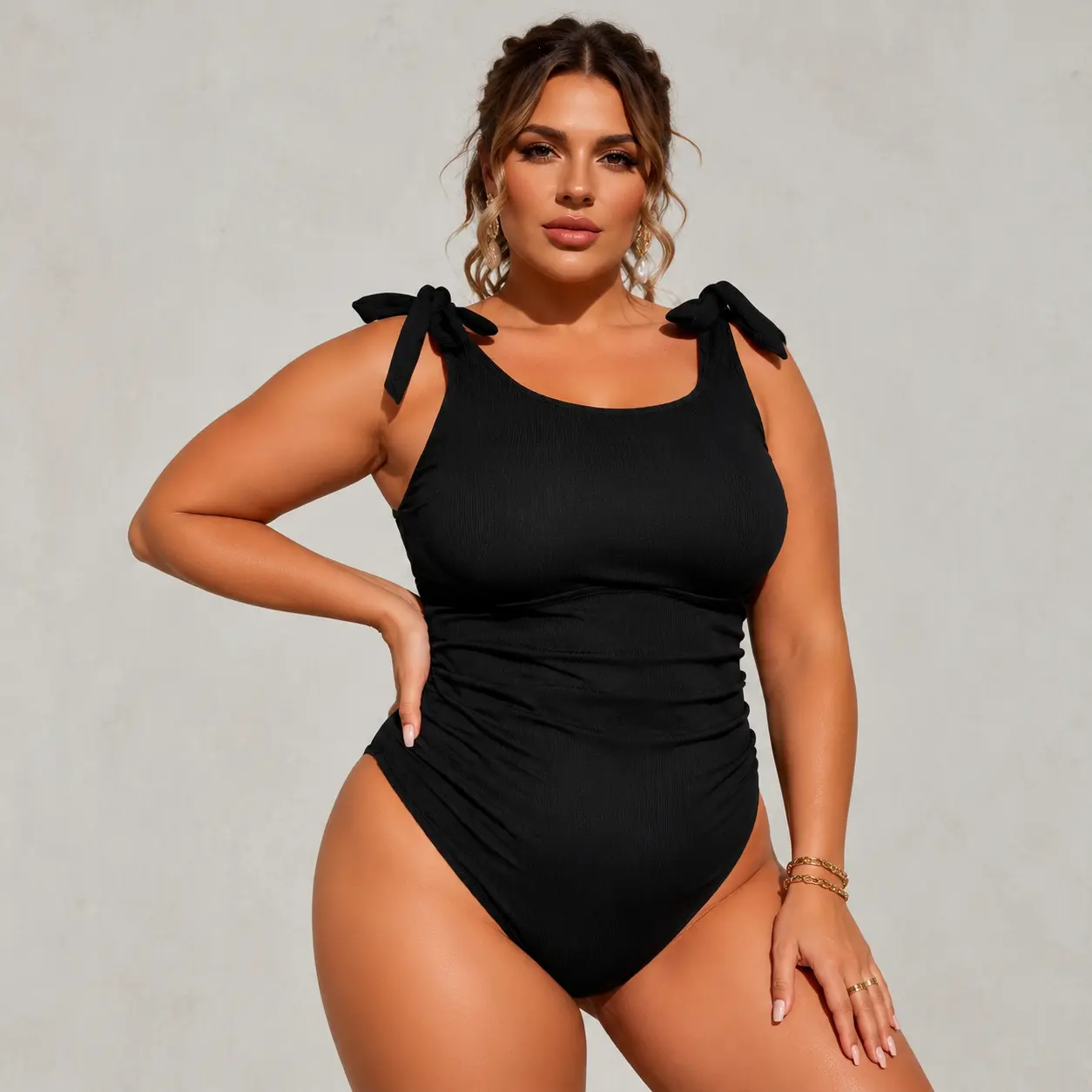 Plus Size Black Ribbed One Piece Swimsuit for Women Scoop Neck Tie Shoulder Ruched Waist High Leg Solid One Piece Swimwear for Beach Pool Resort Summer Vacation Classic Curve Swimsuit
