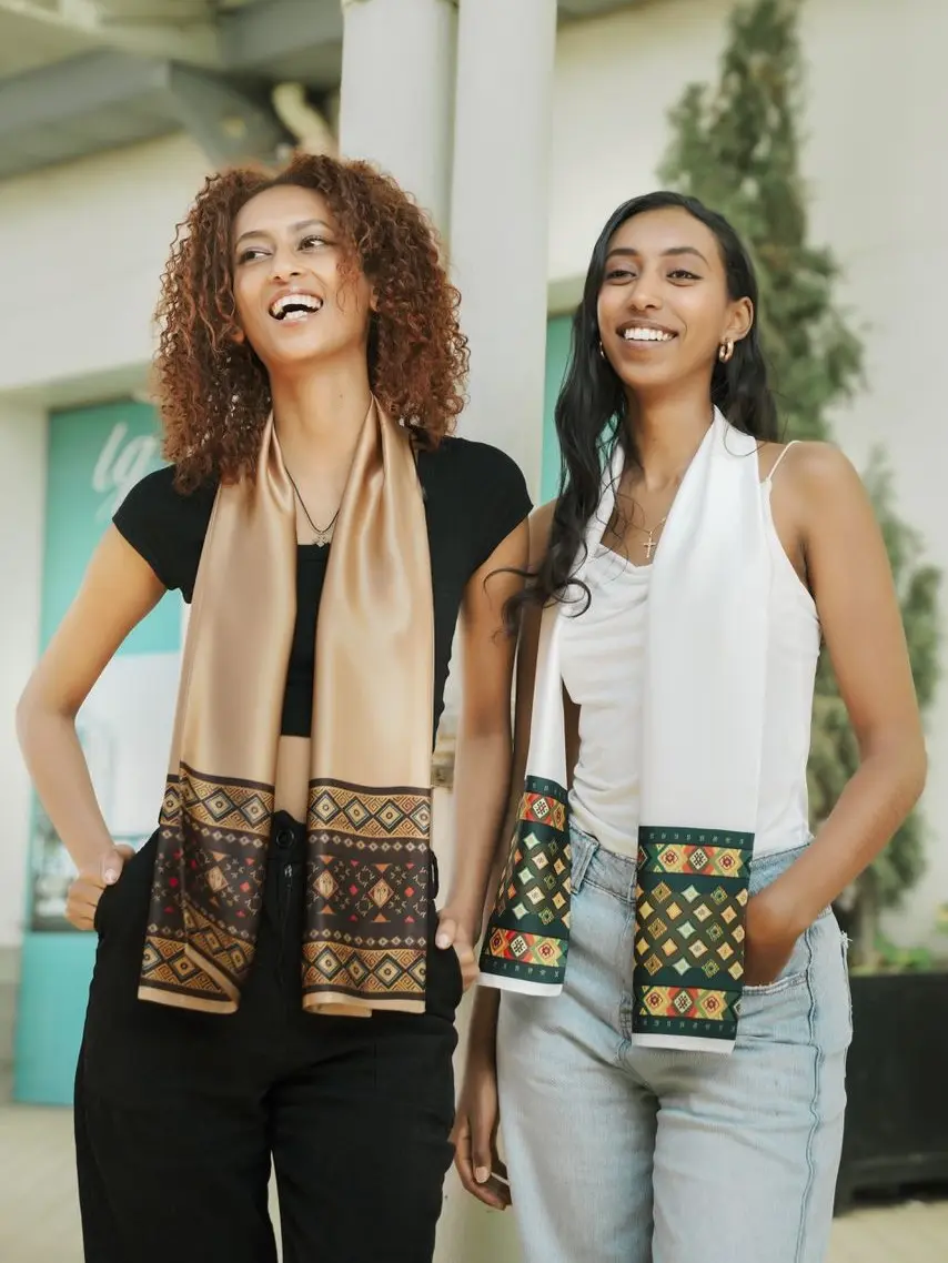ZURI DESIGN Tilet Silk-Blend Scarf - 100% Natural Silk, Intricate Ethiopian Patterns, Lightweight & Sheer, Handmade in Ethiopia, Elegant Layering Accessory