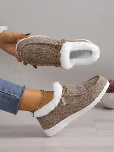 Women's Casual Slip on Style Fluffy Simple Sneakers, Warm Comfortable Round Toe Plush Winter Shoes, Female All-match Matching Indoor Shoes for Fall & Winter