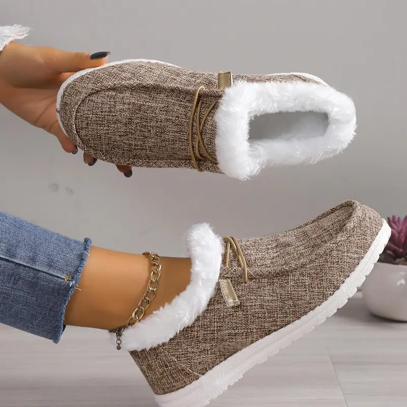 2025 Women's Casual Slip on Fluffy Simple Sneakers, Cozy Sock Shoes, Warm Comfortable Round Toe Plush Winter Walking Shoes, Brown Female All-match Matching Indoor Footwear for Fall & Winter, Daily Wear Shoes, Slip on Flats