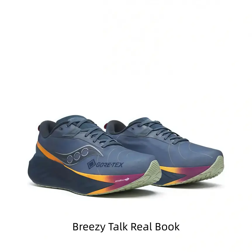 Match this navy waterproof trail running shoe with orange purple gradient trim and casual shorts to build rugged sporty fits for off-road jogs and mountain hikes