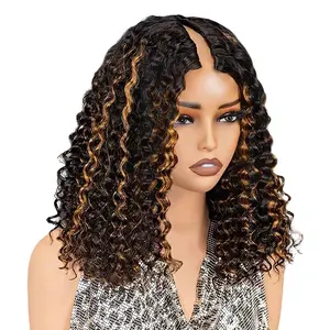 OQ HAIR 1B/30 Highlight Color Water Wave V Part Bob Wig Human Hair No Leave Out Glueless Curly Wave Upgrade U Part Wigs for Women
