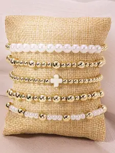 Boho Style Faux Pearl Decorated Bracelet Set, Fashion Cross Charm Beaded Bracelet for Women & Men, Trendy All-Match Jewelry