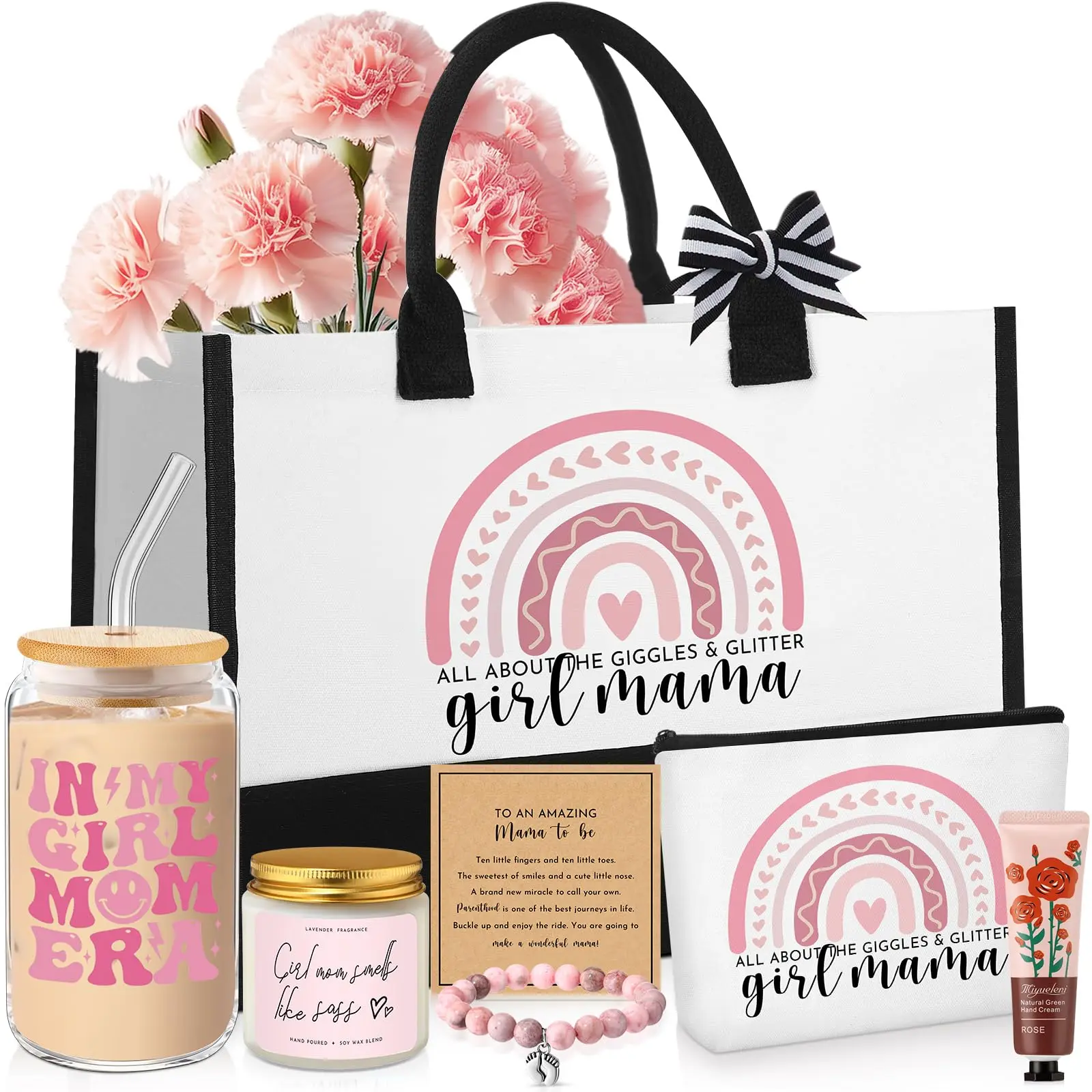 Mothers Day Gifts Ideas Basket Gift for New Moms New Mom Gifts Set 7 Sets Boy Mom and Girl Mom for Mom Friends Wife with Flannel Blanket Tote Bag Insulated Tumbler Cup Candle Bracelet Hand Cream Makeup Bag for Mother Day Birthday Baby Shower Postpartum