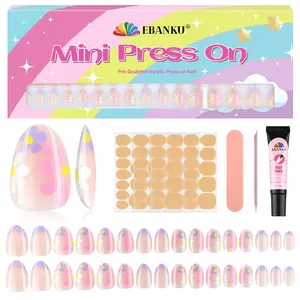 32PCS Press on Nails for Kid, EBANKU 1 Pack FLowers Children Fake Nail Kit Full Sizes Kids Nail Kit Almond Fake Nail Tips for Gifts