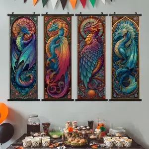 4-Piece Hanging Banner Set, Colorful Fantasy Dragon Theme Decor Posters, Dreamy Dragon Pattern, Game Room & Living Room Art, Waterproof Printing