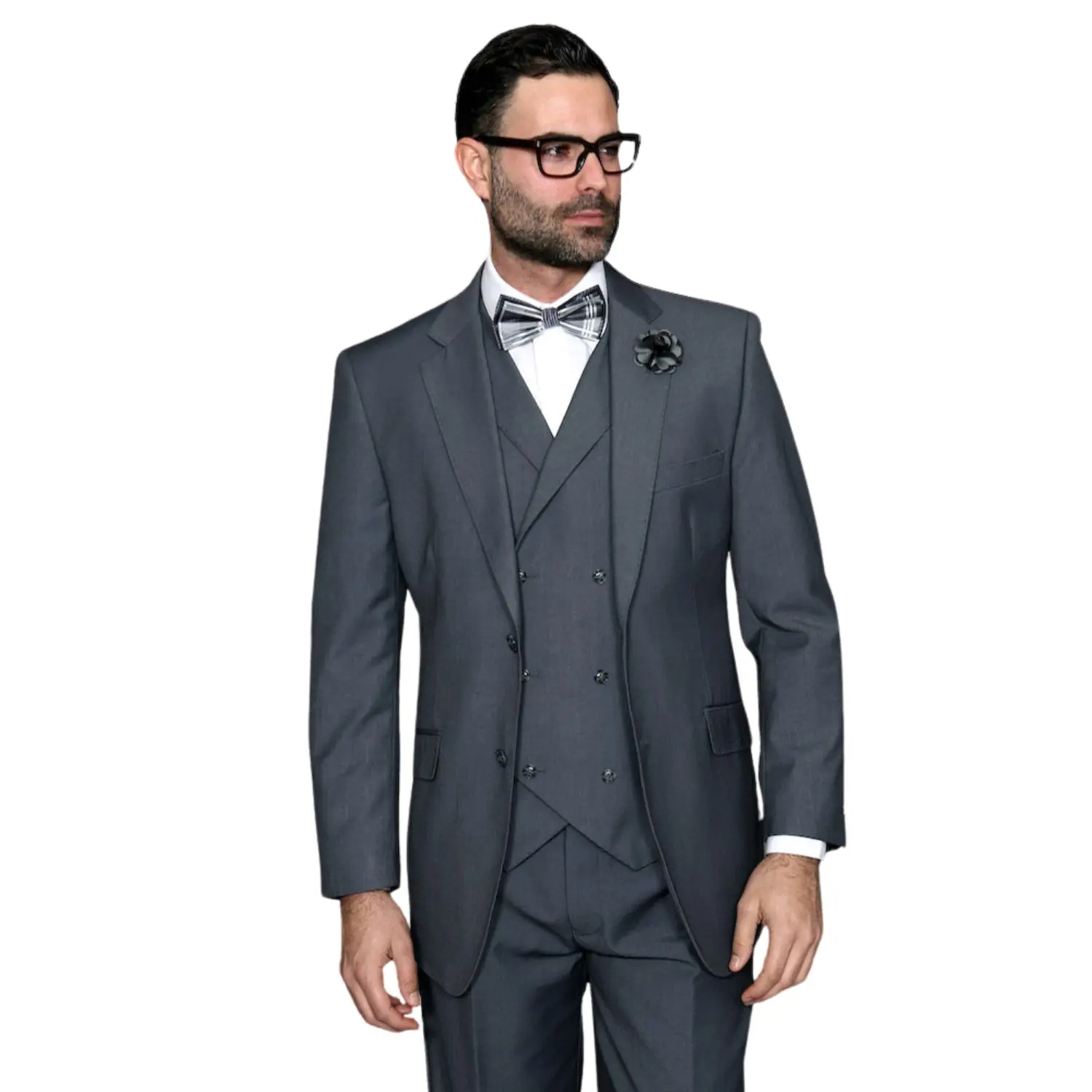 Men’s 3 Piece Classic Fit Suit with Double-Breasted Vest and Pleated Pants - Charcoal