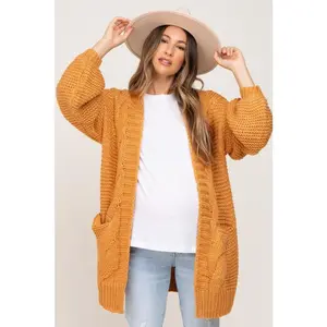 Camel Cable Knit Front Pocket Maternity Cardigan