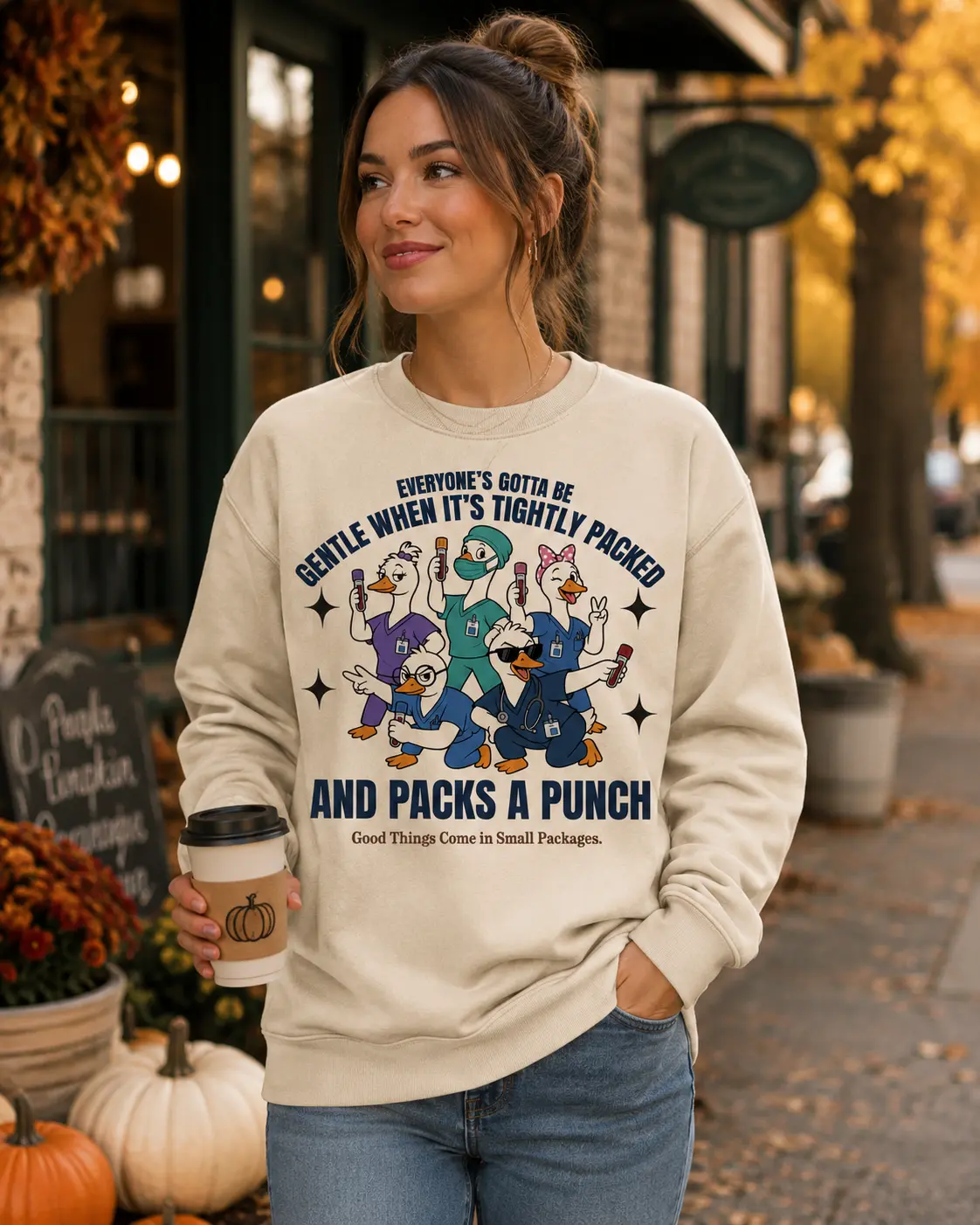 Funny Small Packages Sweatshirt, Packs a Punch Graphic Crewneck, Colorful Character Humor Pullover, Casual Unisex Top
