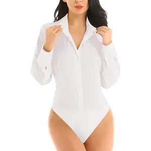 Women's Button Down Collar Neck Long Sleeve Work Bodysuit Leotard Top Blouse Shirt Womenswear Basic Minimalist Solid Black