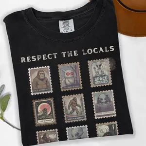 Comfort Colors Respect the Locals Cryptid T-Shirt, Vintage Stamp Camping Tee, Bigfoot Gift Mothman TShirt Alien Tee Weirdcore Gift for Hiking