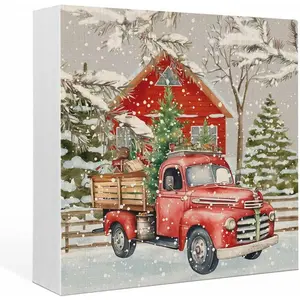 Wood Box Sign Desk Decor Christmas Tree Farm Truck on Gray Square Boxes Sign, Red Farmhouse Pine Leaves Wooden Block Box Sign Decoration for Home Wall Tabletop Shelf Office Decor 5x5 inch