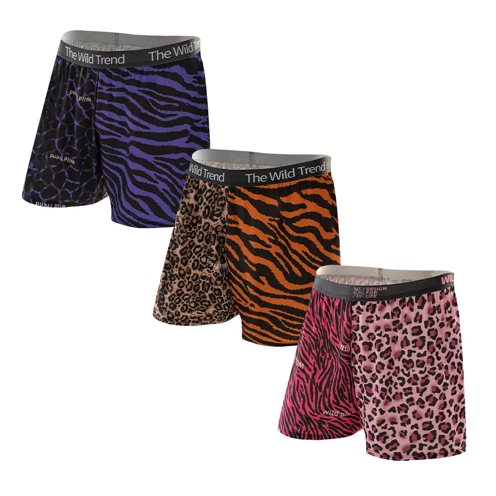 Men’s Split-Panel Leopard Print Boxer Shorts, Loose-Fit Lightweight Breathable Stretch Underwear with Wide Waistband for Lounge and Sleep