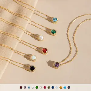 Halo Birthstone Necklace by Caitlyn Minimalist - Vintage Style Gemstone & Diamond Charm Necklace in 18K Gold Finish - Custom Birthstone Jewelry - Personalized Gifts for Her.