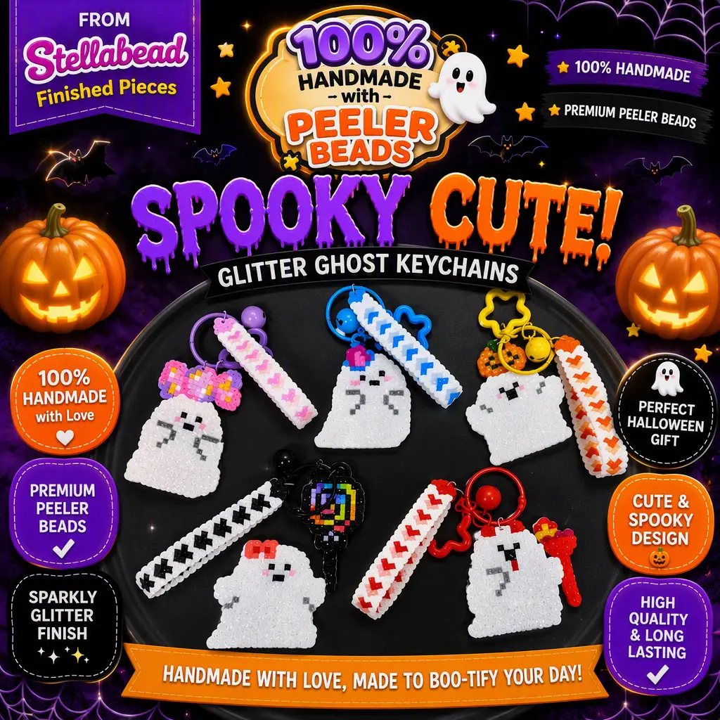 Stellabead Halloween Glitter Ghost Fuse Bead Keychain, Handmade Spooky Cute Bead Key Ring, Glitter Finish, 5 Color Options