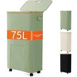 Laundry Basket with Wheels, Dirty Clothes Hamper on Wheels, Rolling Tall Laundry Hamper with lid for Laundry Room, Dorm and, 75L Sage Green
