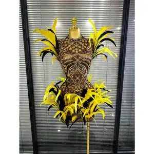 Janella High Collar Black Diamond Feather Robe Cocktail Dress