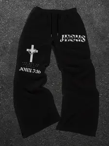 Men's Letter Cross Graphic Print Drawstring Waist Pants, Casual Comfortable Jogger Shorts, Classic Versatile Sports Sweatpants, Athleisure Style Bottoms
