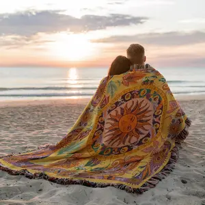 Golden Sun  Pattern Yarn Woven Portable Bohemian Outdoor Camping picnic blanket Blanket with Fringe, All Weather Easy To Care, Colorfast Chunky Soft Throw, Used for Picnic Travel Garden Office Nap Home Decor Bed Chair Tapestry Tablecloth