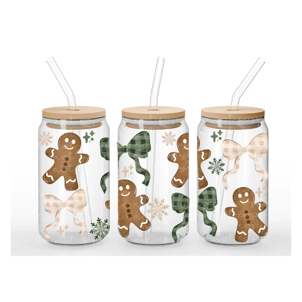 Gingerbread Coquette glass cup with LID, concha Mug Tumblers Bamboo Drink ware Lid