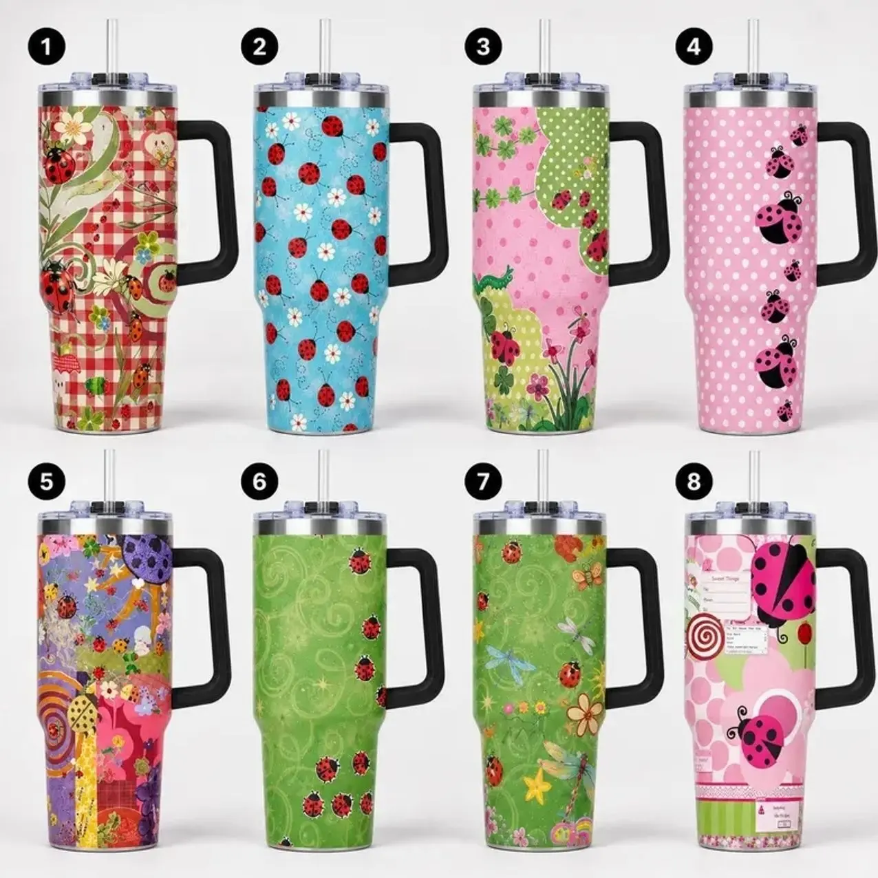Cottagecore Ladybug 40oz Tumbler, Cute Ladybug Travel Mug with Handle, Pink Polka Dot Straw Cup, Floral Bug Tumbler, Gift for Women