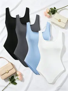 Square Neck Bodysuit Set of 4, Casual Sleeveless Tank Top Bodysuits, Comfortable Fitted Wear, Perfect for Daily Use