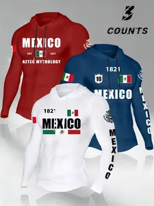 Mexican Culture Hooded Long Sleeve 3-Piece Set, Men's Flag Print Sportswear, Ideal Gift for Patriots, All-Season Fitted H-Type