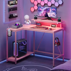 Pinmoco 42-inch L-Shaped Gaming Desk, featuring a monitor mount, LED lighting, and headphone hooks. Ideal for home offices, gaming rooms, and study desks, and perfect for small spaces.RGB LED Computer Desk with Storage
