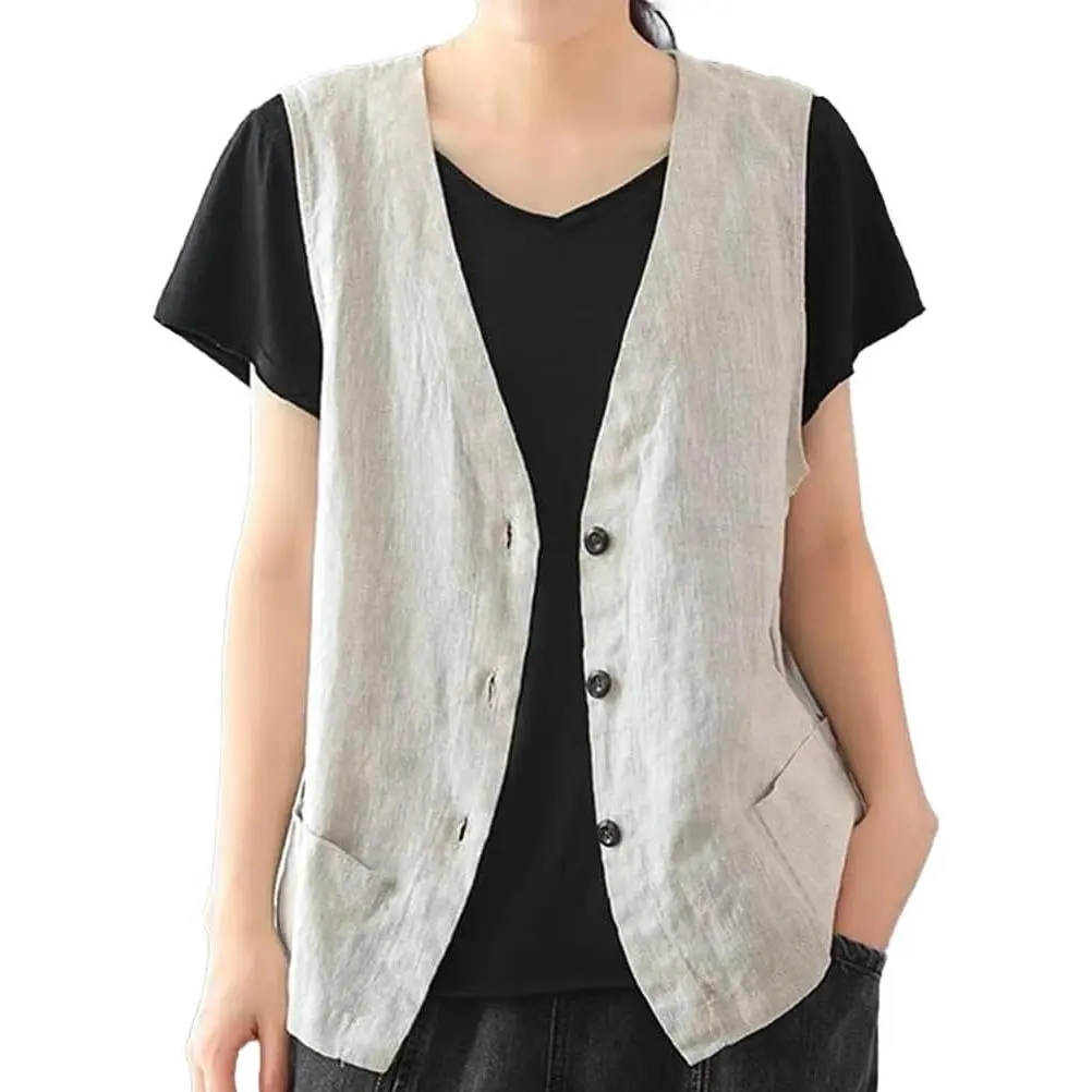 Women's 80% Cotton 20% Linen Lightweight Blazer Vest - Casual Sleeveless Waistcoat Cut Cardigan for Summer, Small, Large, Multi-Size
