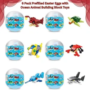 6-Pack Prefilled Easter Eggs with Ocean Animal Building Block Toys, Playtime & Party Celebration Basket Stuffers for Kids