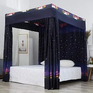 Galaxy Star Four Corner Post Bed Bedroom Decoration for Girls Adults Windproof Lightproof Bed Canopies Child Gift (Queen,Black)