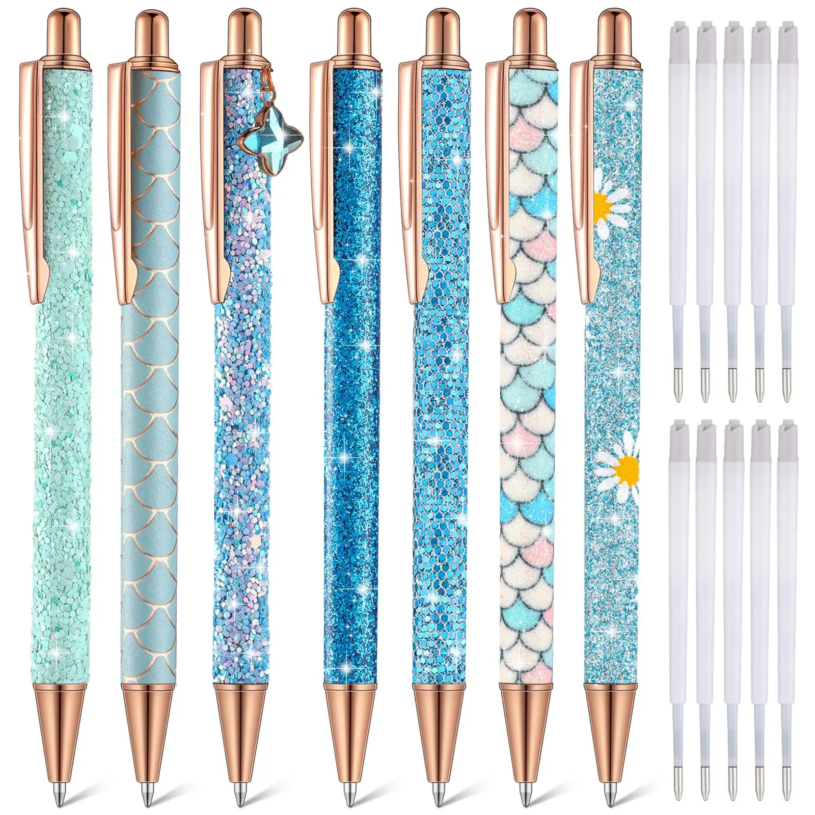 7Pcs/Set Fancy Pens for Women,Cute Sparkly Glitter Pens with 10 Pcs Black Ink Refills,Pretty Gifts for Girls Office School Christmas Graduation,Hand Tools Kits