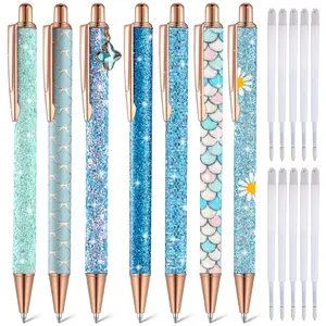 7Pcs/Set Fancy Pens for Women,Cute Sparkly Glitter Pens with 10 Pcs Black Ink Refills,Pretty Gifts for Girls Office School Christmas Graduation,Hand Tools Kits