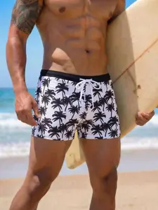 New 26 Spring Summer Large Size Men's Coconut Pattern Swimsuit, Classic Combo, Comfortable Casual Beach Party Trunks, Swim Shorts
