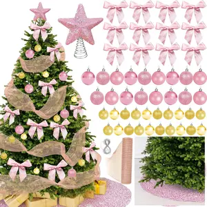 Christmas Tree Decoration Set Including 48 Christmas Ornaments Balls,12 Bows,Tree Topper,Tree Skirt,Mesh Ribbon for Xmas Trees Holiday Party Garland Indoor DIY (Pink&Gold)