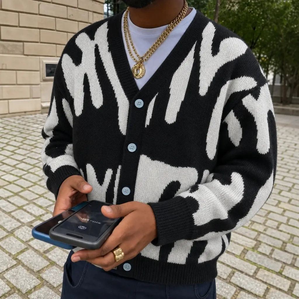 #SummerVibes Men's jacquard pattern knitted cardigan -V-neck long sleeved soft knitted fabric, suitable for daily wear and casual outings men's classic dress fashion fabric pink sweater, suitable for men's and women's Chino elegant loose top college style