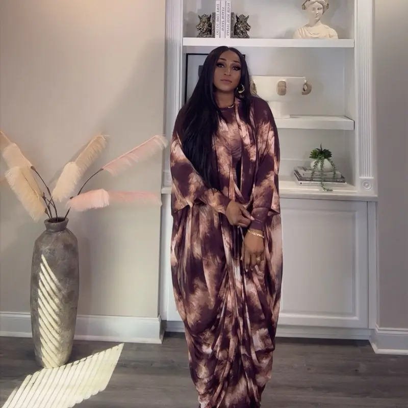 Women's Aso Elan Tie-Dye Kaftan Dress - Full-Length Boubou Gown, Casual Wear, Mesh Fabric, Soft Glam Style, Flowing Elegance for Church, Weddings & Events