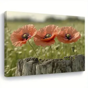 2D Flat Surface, 1 Piece Wooden Frame Canvas Wall Art - Vibrant Orange Poppies on a Country Tree Stump, Decorative Art Style, Ready-to-Hang Painting, Natural Inspiration Decoration, Suitable for Living Room, Bedroom, Kitchen, Office - Perfect Gift for Hom
