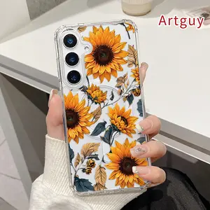 Compatible for Samsung Galaxy S26 S23 Ultra S24 Plus FE S25 S22+ Sunflower Symphony Pattern Shockproof Non-Yellowing Crystal Transparent Acrylic Soft Case Supports Wireless Charging