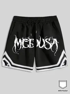 Men's "MEDUSA" Gothic Streetwear Shorts - Thorned Death Metal Font Print Black Drawstring Shorts, Dark Streetwear with Striped Varsity Hem, Soft Breathable Cotton Blend Loose Fit Athletic Shorts, Athleisure Shorts