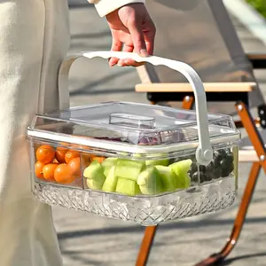 Portable Divided Lunch Box with Handle, Large Clear Food Storage Container for Fruit Vegetable Salad, Space-Saving Fridge Tray for Party & Picnic