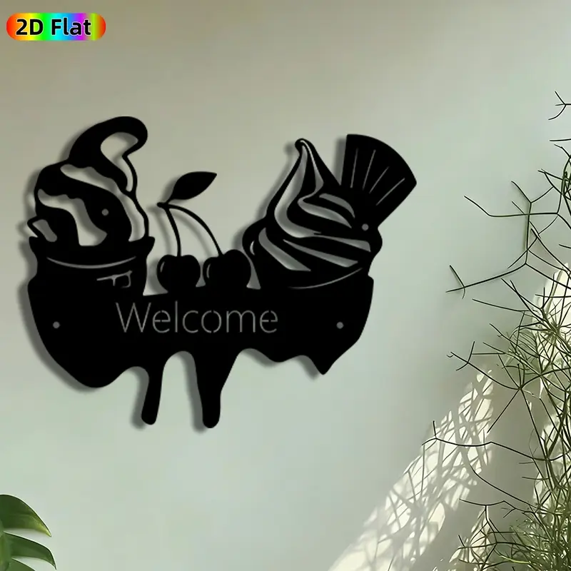 1pc Ice Cream & Cherries Welcome Metal Wall Art, Dessert Duo Welcome Statue Mural, Intricate Craftsmanship, Perfect for Housewarming, Summer Party Decor, Perfect for Kitchen Patio Wall Coffee Shop Decor, Ideal Gift for Sweet Treat Enthusiasts.