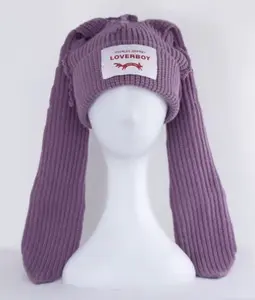 Purple Unisex Rabbit Long Ear Winter Running Hat Custom logo Lover Boy Beanie Cute Y2k Knitted Beanie Hat for Outdoor