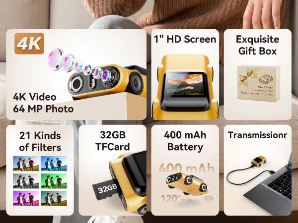 Dual mode 4K high-definition recording and photography, 32GB large memory. Specially designed for short video creators, vlog、 Suitable for all scenarios upon unboxing, the first choice for beginners in self media, and easy release of popular videos!